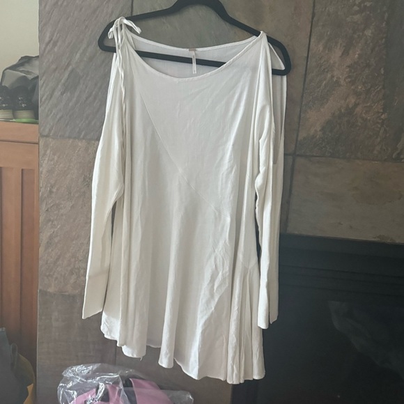 Free People Mini Dress Top Cold Shoulder Ivory White beach longsleeve size Small - Picture 6 of 8